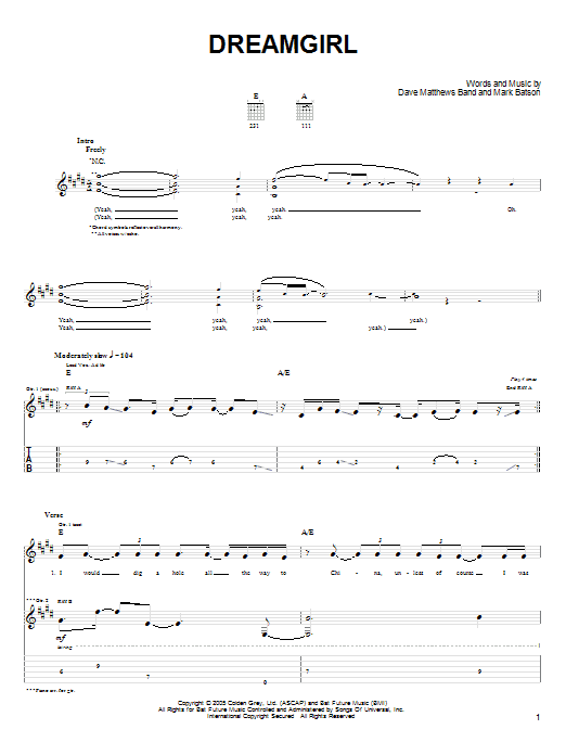 Preview Dave Matthews Band Dreamgirl Rock sheet music, notes and chords for Guitar Tab, SKU: 62607 Download Dave Matthews Band Dreamgirl sheet music and printable PDF score & Rock music notes