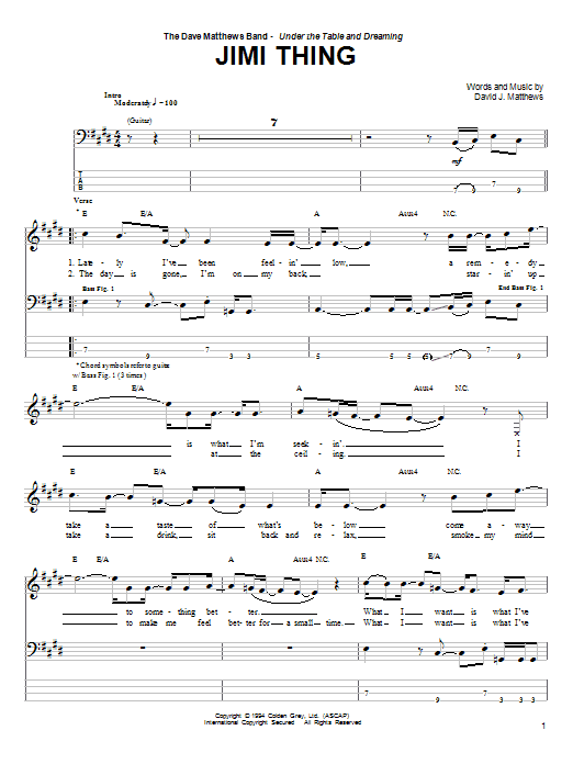 Preview Dave Matthews Band Jimi Thing Rock sheet music, notes and chords for Guitar Tab, SKU: 72436 sheet music, piano notes, chords, guitar tabs, score, transpose, transcribe, how to play, guide, download, learn, tutorial, progression, song, artist, awards, billboard, mtv, vh1, tour, single, album, release