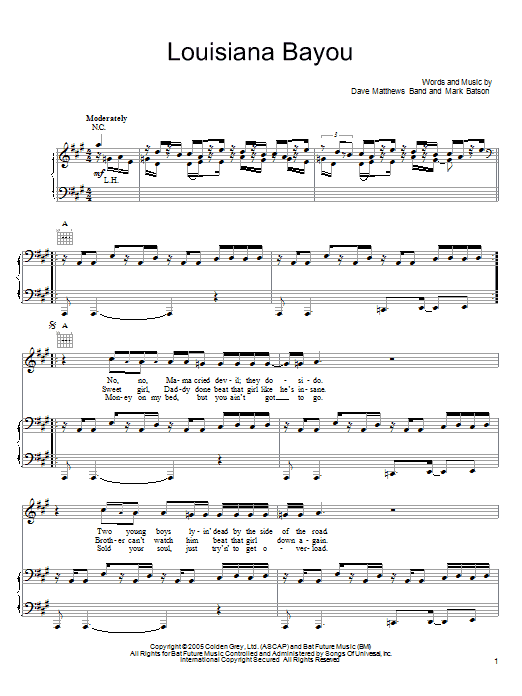 Preview Dave Matthews Band Louisiana Bayou Rock sheet music, notes and chords for Piano, Vocal & Guitar (Right-Hand Melody), SKU: 62444 Download Dave Matthews Band Louisiana Bayou sheet music and printable PDF score & Rock music notes