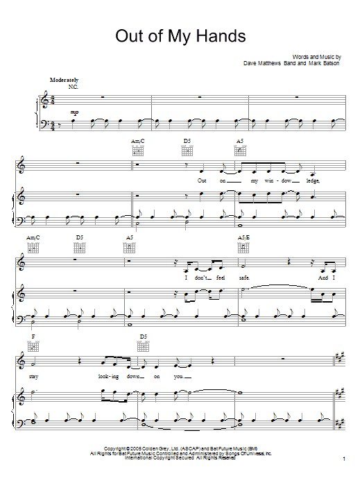 Preview Dave Matthews Band Out Of My Hands Rock sheet music, notes and chords for Piano, Vocal & Guitar (Right-Hand Melody), SKU: 62443 Download Dave Matthews Band Out Of My Hands sheet music and printable PDF score & Rock music notes
