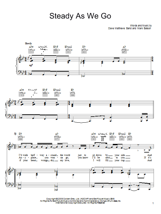 Preview Dave Matthews Band Steady As We Go Rock sheet music, notes and chords for Piano, Vocal & Guitar (Right-Hand Melody), SKU: 62451 Download Dave Matthews Band Steady As We Go sheet music and printable PDF score & Rock music notes