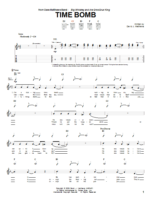 Download Dave Matthews Band Time Bomb sheet music and printable PDF score & Rock music notes