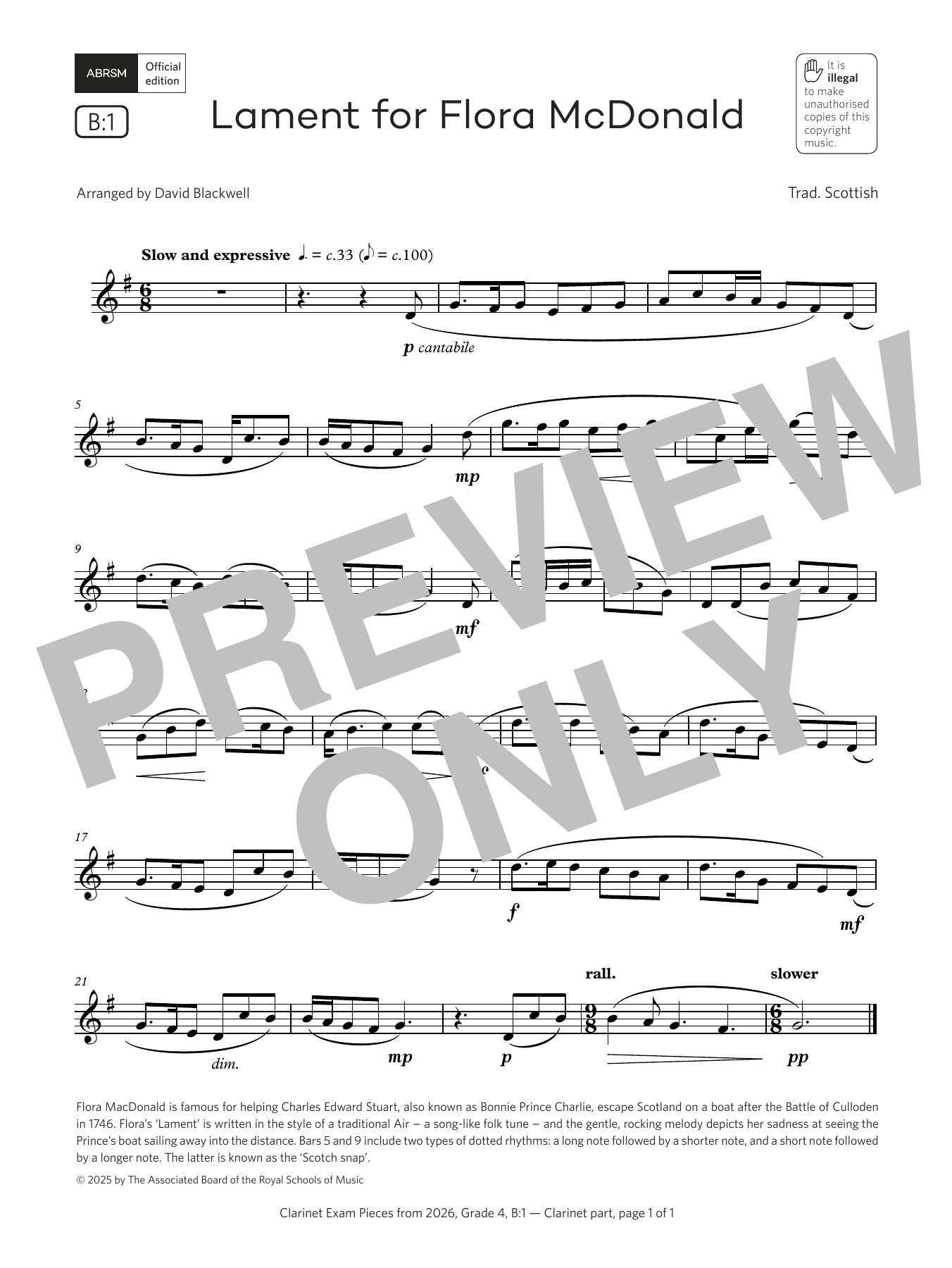 David Blackwell Lament for Flora McDonald (Grade 4, list B1, from the ABRSM Clarinet Syllabus from 2026) Sheet Music & Chords for Clarinet Solo - Download or Print PDF