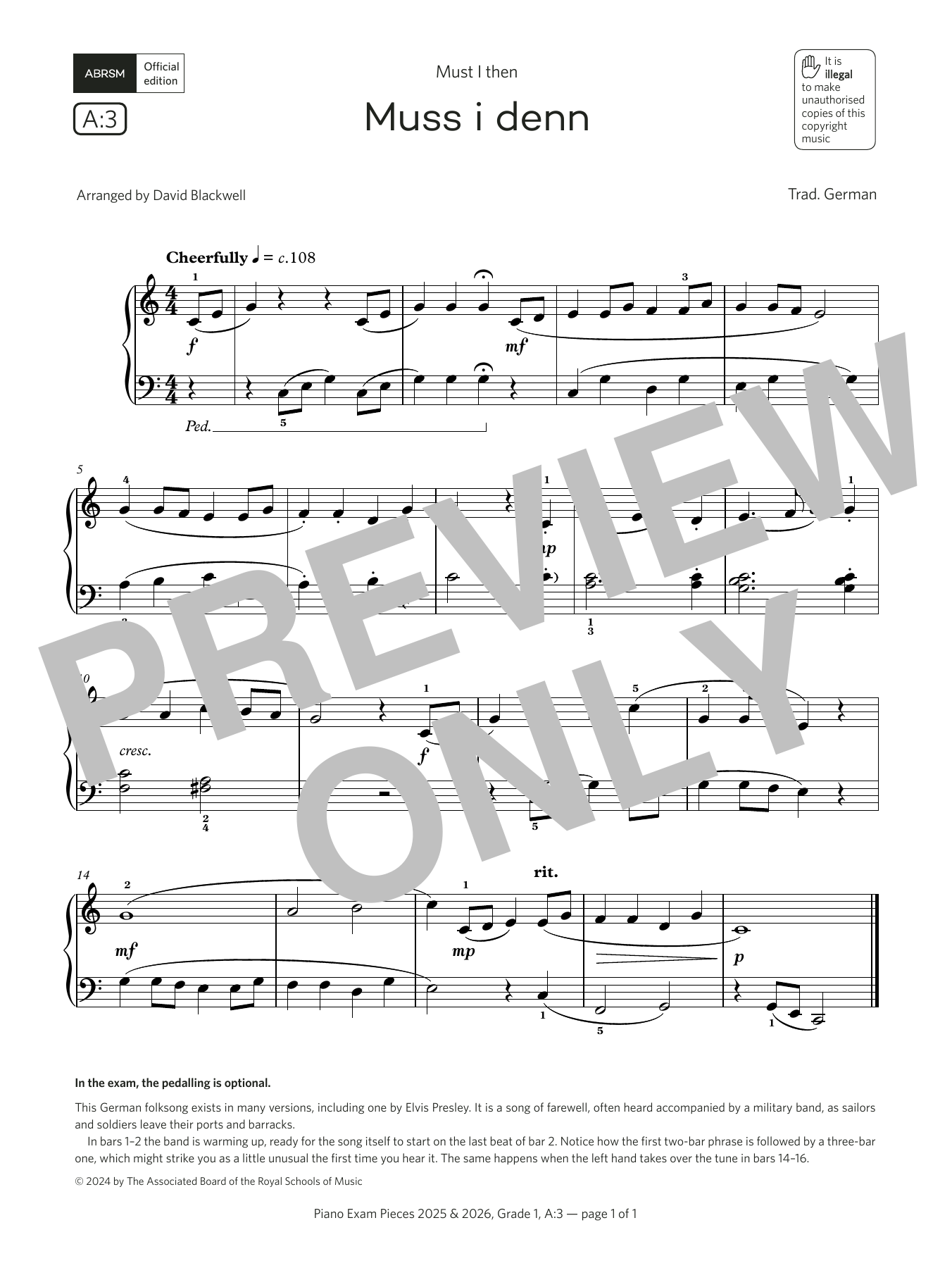 David Blackwell Muss i denn (Grade 1, list A3, from the ABRSM Piano Syllabus 2025 & 2026) Sheet Music & Chords for Piano Solo - Download or Print PDF