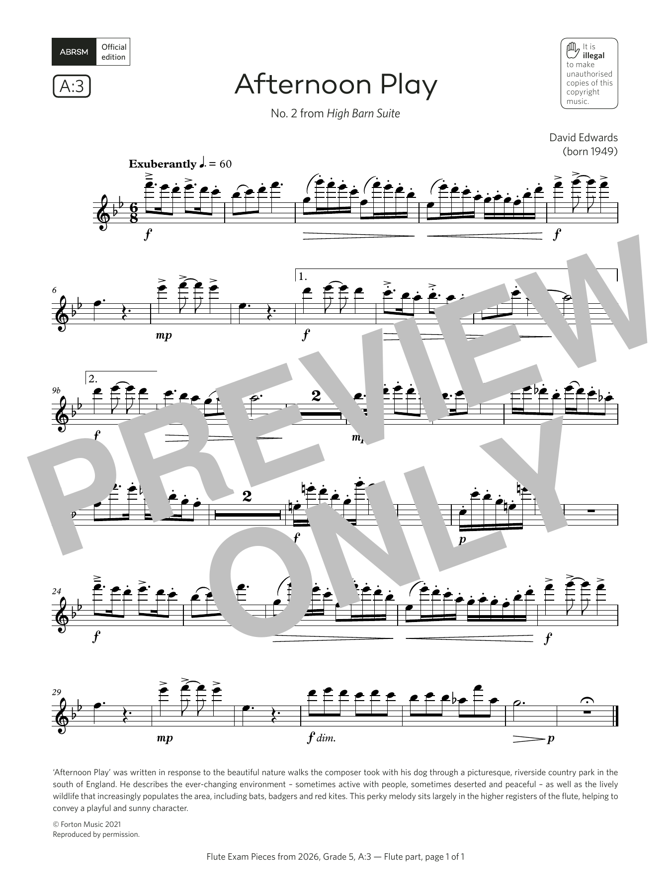 David Edwards Afternoon Play (Grade 5, list A3, from the ABRSM Flute Syllabus from 2026) Sheet Music & Chords for Flute Solo - Download or Print PDF
