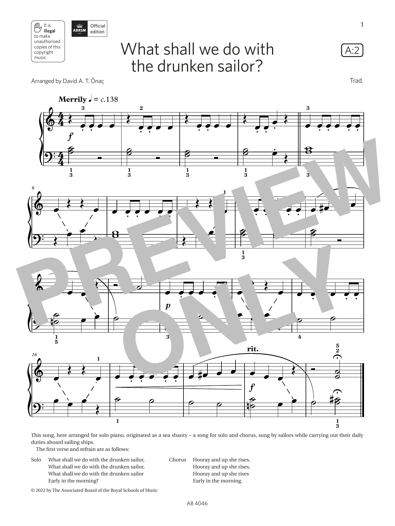 David Önac What shall we do with the drunken sailor? (Grade Initial, list A2, ABRSM Piano Syllabus 2023 & 2024) Sheet Music & Chords for Piano Solo - Download or Print PDF
