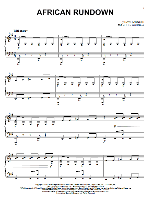 Preview David Arnold African Rundown Film and TV sheet music, notes and chords for Piano, SKU: 62695 sheet music, piano notes, chords, guitar tabs, score, transpose, transcribe, how to play, guide, download, learn, tutorial, progression, song, artist, awards, billboard, mtv, vh1, tour, single, album, release