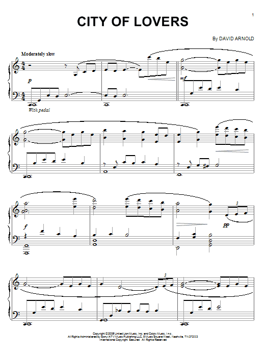 Preview David Arnold City Of Lovers Film and TV sheet music, notes and chords for Piano, SKU: 62694 Download David Arnold City Of Lovers sheet music and printable PDF score & Film and TV music notes