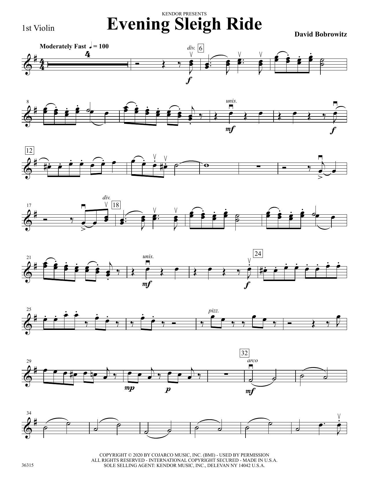 Download David Bobrowitz Evening Sleigh Ride - 1st Violin sheet music and printable PDF score & Holiday music notes
