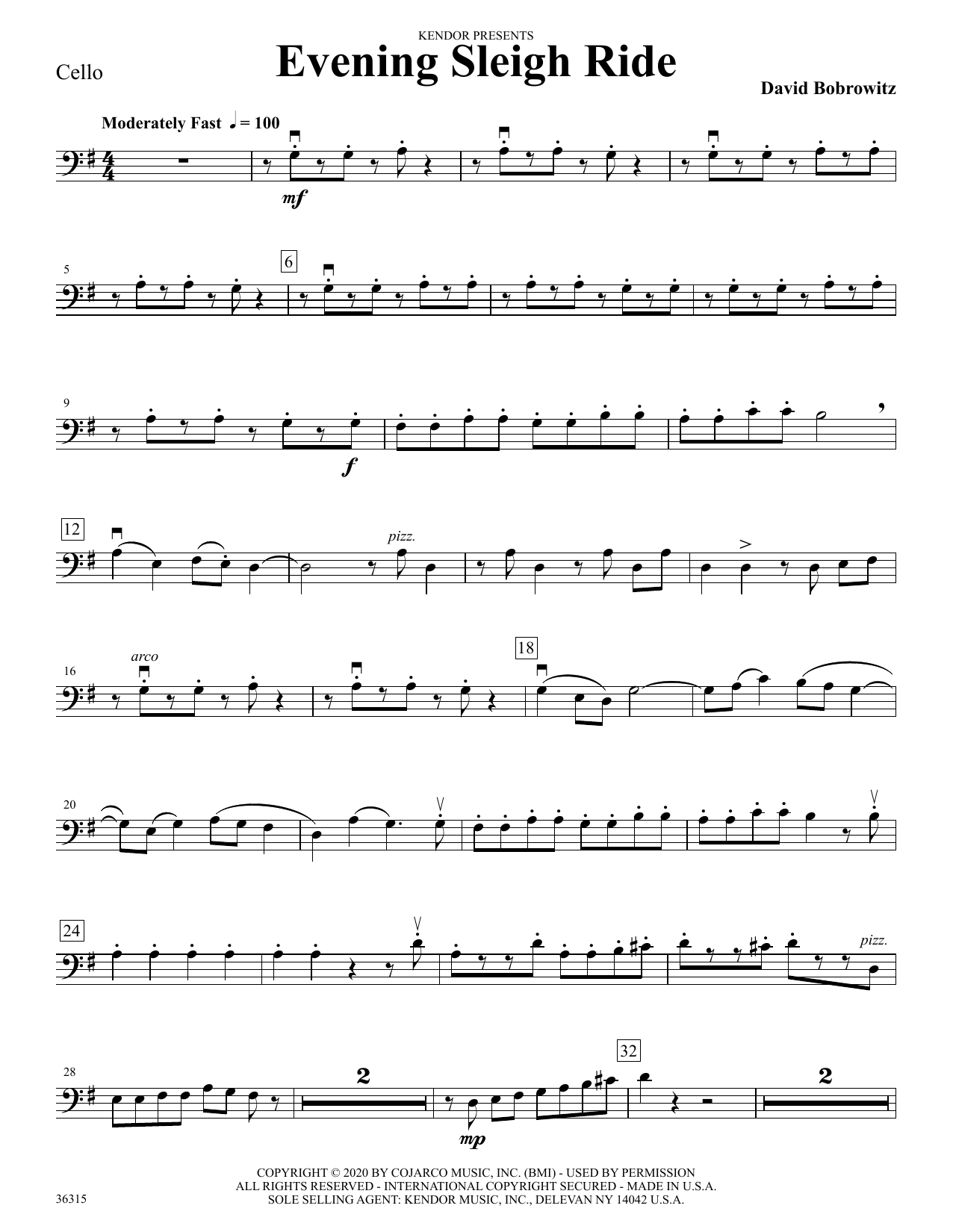 Download David Bobrowitz Evening Sleigh Ride - Cello sheet music and printable PDF score & Holiday music notes