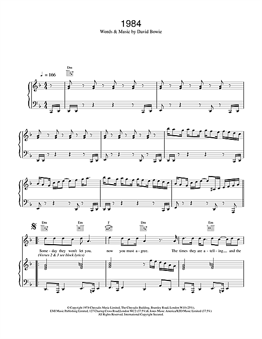 Preview David Bowie 1984 Rock sheet music, notes and chords for Piano, Vocal & Guitar, SKU: 13889 sheet music, piano notes, chords, guitar tabs, score, transpose, transcribe, how to play, guide, download, learn, tutorial, progression, song, artist, awards, billboard, mtv, vh1, tour, single, album, release