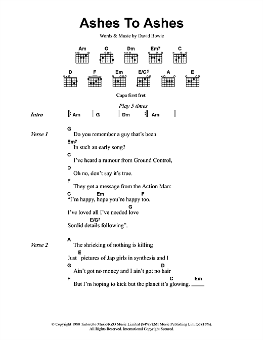 Download David Bowie Ashes To Ashes sheet music and printable PDF score & Rock music notes