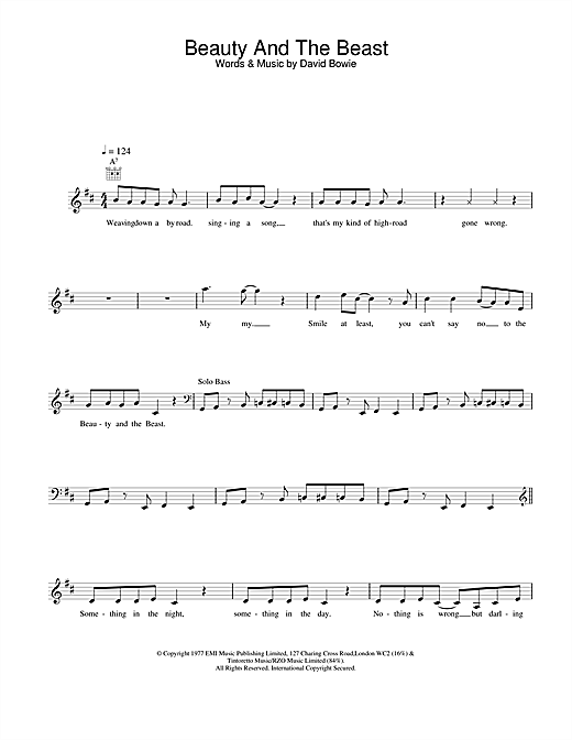 Preview David Bowie Beauty And The Beast Rock sheet music, notes and chords for Piano, Vocal & Guitar, SKU: 13901 Download David Bowie Beauty And The Beast sheet music and printable PDF score & Rock music notes
