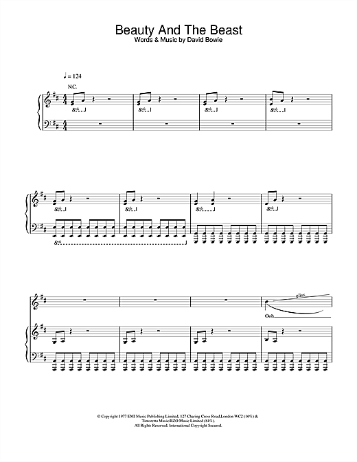 Preview David Bowie Beauty And The Beast Rock sheet music, notes and chords for Piano, Vocal & Guitar, SKU: 13901 sheet music, piano notes, chords, guitar tabs, score, transpose, transcribe, how to play, guide, download, learn, tutorial, progression, song, artist, awards, billboard, mtv, vh1, tour, single, album, release