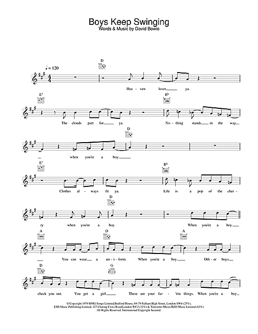 Download David Bowie Boys Keep Swinging sheet music and printable PDF score & Rock music notes