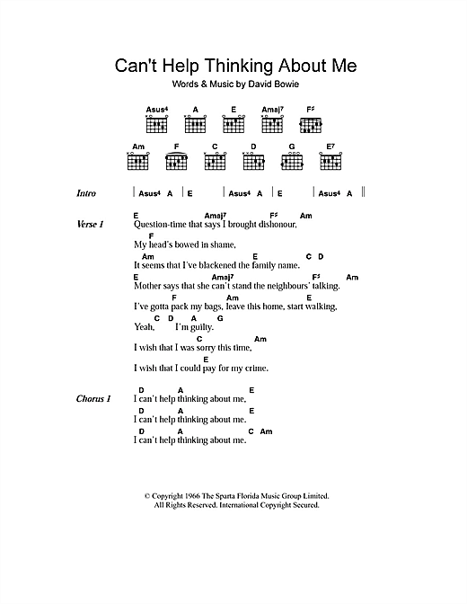 Preview David Bowie Can't Help Thinking About Me Rock sheet music, notes and chords for Lyrics & Chords, SKU: 101241 sheet music, piano notes, chords, guitar tabs, score, transpose, transcribe, how to play, guide, download, learn, tutorial, progression, song, artist, awards, billboard, mtv, vh1, tour, single, album, release