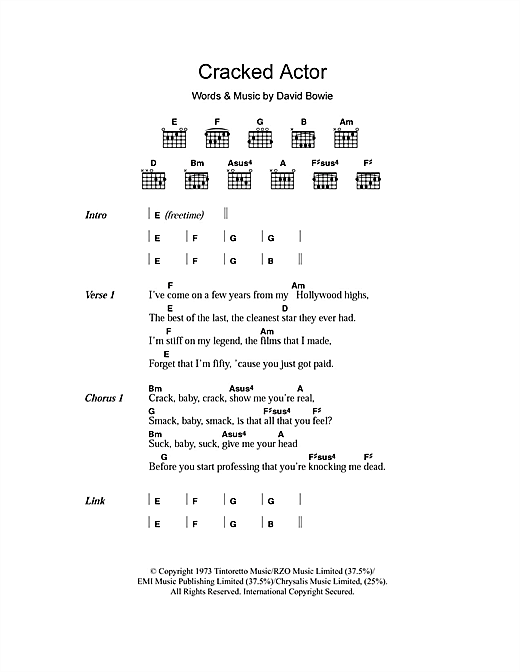 Preview David Bowie Cracked Actor Rock sheet music, notes and chords for Lyrics & Chords, SKU: 101403 sheet music, piano notes, chords, guitar tabs, score, transpose, transcribe, how to play, guide, download, learn, tutorial, progression, song, artist, awards, billboard, mtv, vh1, tour, single, album, release