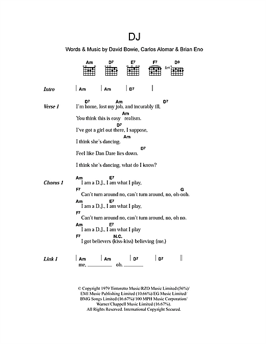 Preview David Bowie D.J. Rock sheet music, notes and chords for Lyrics & Chords, SKU: 101453 sheet music, piano notes, chords, guitar tabs, score, transpose, transcribe, how to play, guide, download, learn, tutorial, progression, song, artist, awards, billboard, mtv, vh1, tour, single, album, release