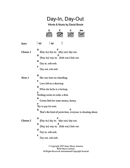 Preview David Bowie Day-In Day-Out Rock sheet music, notes and chords for Lyrics & Chords, SKU: 101473 sheet music, piano notes, chords, guitar tabs, score, transpose, transcribe, how to play, guide, download, learn, tutorial, progression, song, artist, awards, billboard, mtv, vh1, tour, single, album, release