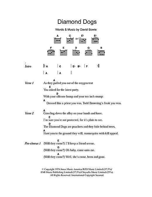 Preview David Bowie Diamond Dogs Rock sheet music, notes and chords for Piano, Vocal & Guitar, SKU: 13761 Download David Bowie Diamond Dogs sheet music and printable PDF score & Rock music notes