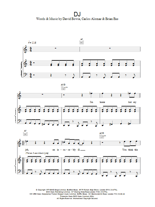 Preview David Bowie DJ Rock sheet music, notes and chords for Piano, Vocal & Guitar, SKU: 13762 Download David Bowie DJ sheet music and printable PDF score & Rock music notes