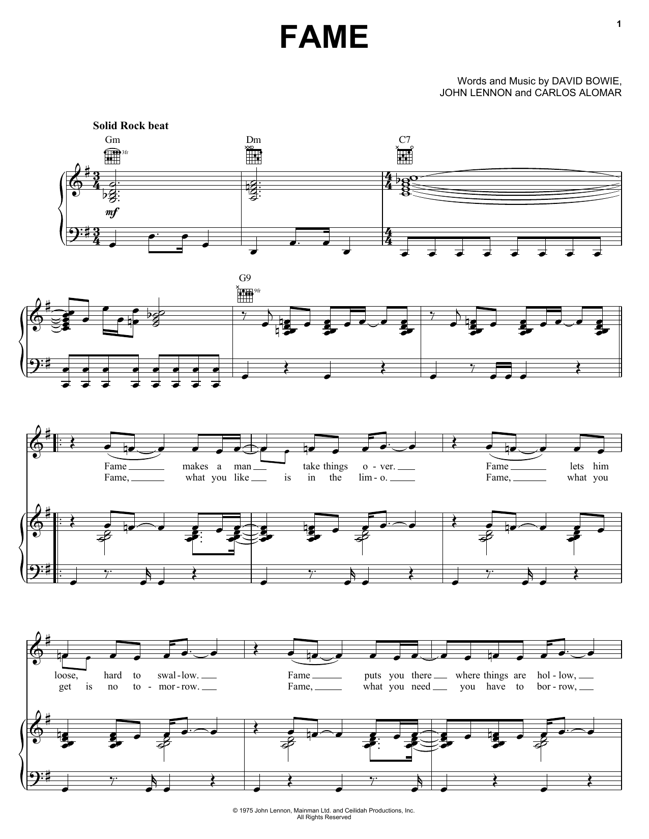 Download David Bowie Fame sheet music and printable PDF score & Rock music notes