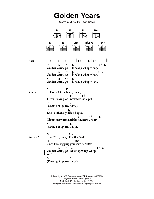 Preview David Bowie Golden Years Rock sheet music, notes and chords for Piano, Vocal & Guitar, SKU: 13782 Download David Bowie Golden Years sheet music and printable PDF score & Rock music notes