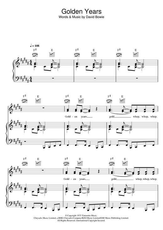 Preview David Bowie Golden Years Rock sheet music, notes and chords for Piano, Vocal & Guitar, SKU: 13782 sheet music, piano notes, chords, guitar tabs, score, transpose, transcribe, how to play, guide, download, learn, tutorial, progression, song, artist, awards, billboard, mtv, vh1, tour, single, album, release