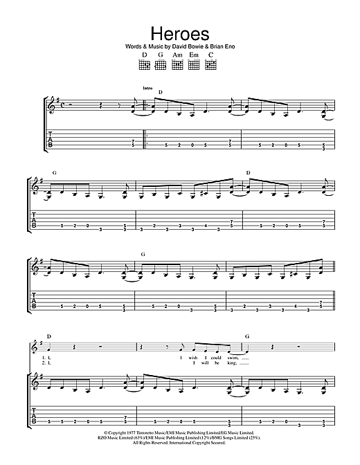 Preview David Bowie Heroes Rock sheet music, notes and chords for Piano, Vocal & Guitar, SKU: 13787 sheet music, piano notes, chords, guitar tabs, score, transpose, transcribe, how to play, guide, download, learn, tutorial, progression, song, artist, awards, billboard, mtv, vh1, tour, single, album, release