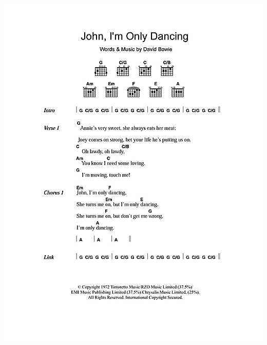Preview David Bowie John, I'm Only Dancing Rock sheet music, notes and chords for Piano, Vocal & Guitar, SKU: 13803 Download David Bowie John, I'm Only Dancing sheet music and printable PDF score & Rock music notes