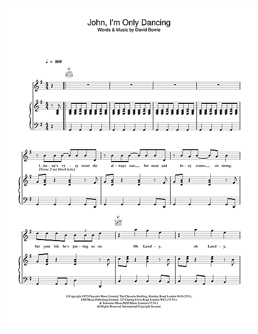Preview David Bowie John, I'm Only Dancing Rock sheet music, notes and chords for Piano, Vocal & Guitar, SKU: 13803 sheet music, piano notes, chords, guitar tabs, score, transpose, transcribe, how to play, guide, download, learn, tutorial, progression, song, artist, awards, billboard, mtv, vh1, tour, single, album, release