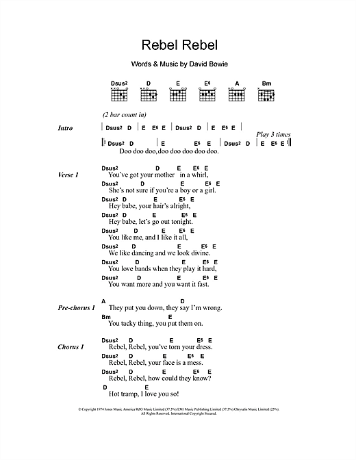Preview David Bowie Rebel Rebel Rock sheet music, notes and chords for Piano, Vocal & Guitar, SKU: 13846 sheet music, piano notes, chords, guitar tabs, score, transpose, transcribe, how to play, guide, download, learn, tutorial, progression, song, artist, awards, billboard, mtv, vh1, tour, single, album, release