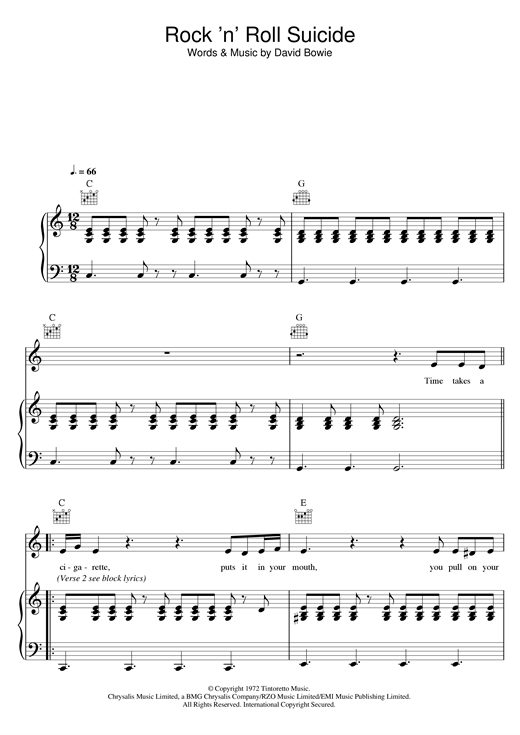 Preview David Bowie Rock 'n' Roll Suicide Rock sheet music, notes and chords for Piano, Vocal & Guitar, SKU: 13848 sheet music, piano notes, chords, guitar tabs, score, transpose, transcribe, how to play, guide, download, learn, tutorial, progression, song, artist, awards, billboard, mtv, vh1, tour, single, album, release