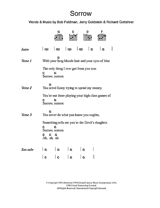 Preview David Bowie Sorrow Rock sheet music, notes and chords for Piano, Vocal & Guitar, SKU: 13854 sheet music, piano notes, chords, guitar tabs, score, transpose, transcribe, how to play, guide, download, learn, tutorial, progression, song, artist, awards, billboard, mtv, vh1, tour, single, album, release