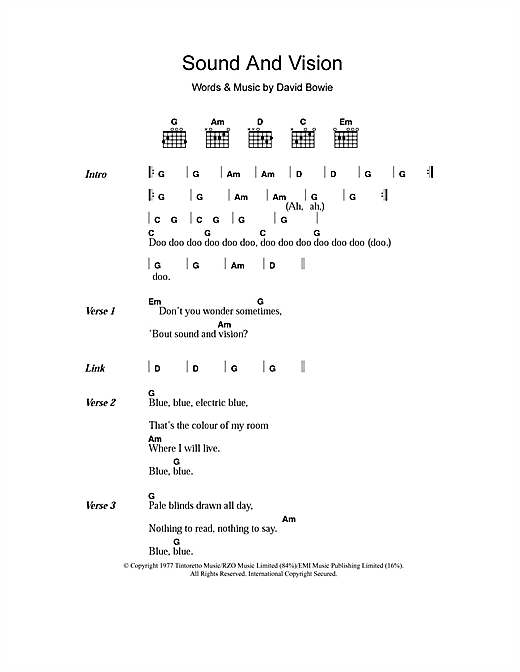 Preview David Bowie Sound And Vision Rock sheet music, notes and chords for Piano, Vocal & Guitar, SKU: 13855 Download David Bowie Sound And Vision sheet music and printable PDF score & Rock music notes