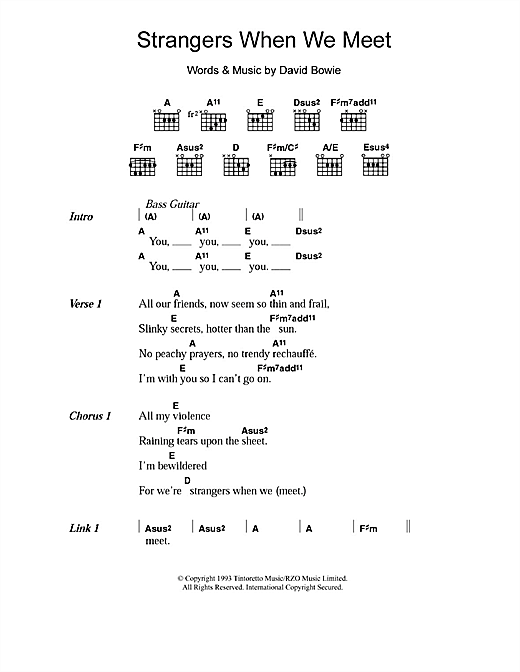 Preview David Bowie Strangers When We Meet Rock sheet music, notes and chords for Lyrics & Chords, SKU: 107881 sheet music, piano notes, chords, guitar tabs, score, transpose, transcribe, how to play, guide, download, learn, tutorial, progression, song, artist, awards, billboard, mtv, vh1, tour, single, album, release