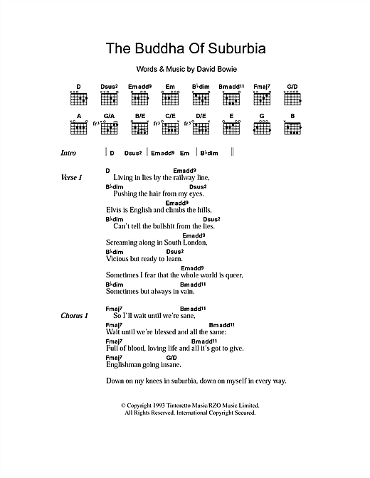 Preview David Bowie The Buddha Of Suburbia Rock sheet music, notes and chords for Lyrics & Chords, SKU: 101206 sheet music, piano notes, chords, guitar tabs, score, transpose, transcribe, how to play, guide, download, learn, tutorial, progression, song, artist, awards, billboard, mtv, vh1, tour, single, album, release