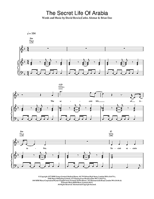 Preview David Bowie The Secret Life Of Arabia Rock sheet music, notes and chords for Piano, Vocal & Guitar, SKU: 13868 sheet music, piano notes, chords, guitar tabs, score, transpose, transcribe, how to play, guide, download, learn, tutorial, progression, song, artist, awards, billboard, mtv, vh1, tour, single, album, release