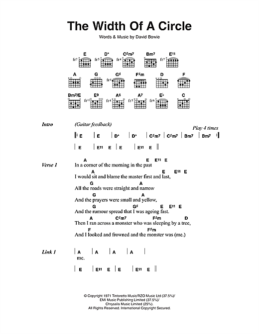 Preview David Bowie The Width Of A Circle Rock sheet music, notes and chords for Lyrics & Chords, SKU: 108620 sheet music, piano notes, chords, guitar tabs, score, transpose, transcribe, how to play, guide, download, learn, tutorial, progression, song, artist, awards, billboard, mtv, vh1, tour, single, album, release