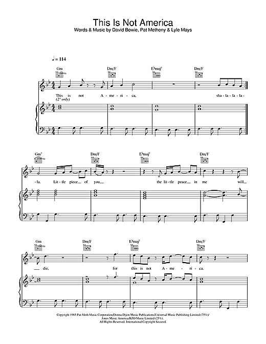 Preview David Bowie This Is Not America Rock sheet music, notes and chords for Lyrics & Chords, SKU: 108427 sheet music, piano notes, chords, guitar tabs, score, transpose, transcribe, how to play, guide, download, learn, tutorial, progression, song, artist, awards, billboard, mtv, vh1, tour, single, album, release