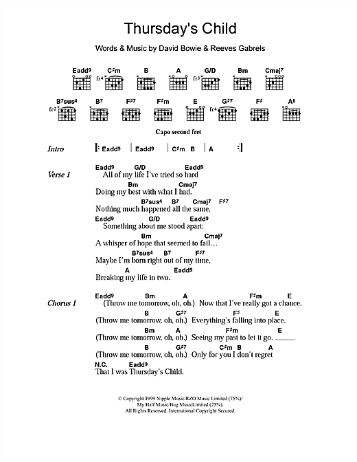 Preview David Bowie Thursday's Child Rock sheet music, notes and chords for Lyrics & Chords, SKU: 108442 sheet music, piano notes, chords, guitar tabs, score, transpose, transcribe, how to play, guide, download, learn, tutorial, progression, song, artist, awards, billboard, mtv, vh1, tour, single, album, release