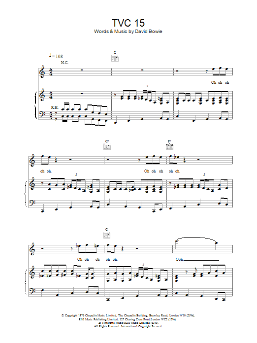 Preview David Bowie TVC15 Rock sheet music, notes and chords for Piano, Vocal & Guitar, SKU: 13872 Download David Bowie TVC15 sheet music and printable PDF score & Rock music notes
