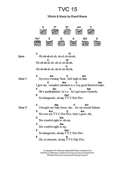 Preview David Bowie TVC 15 Rock sheet music, notes and chords for Lyrics & Chords, SKU: 108537 sheet music, piano notes, chords, guitar tabs, score, transpose, transcribe, how to play, guide, download, learn, tutorial, progression, song, artist, awards, billboard, mtv, vh1, tour, single, album, release