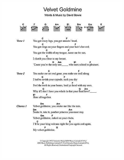 Download David Bowie Velvet Goldmine sheet music and printable PDF score & Rock music notes