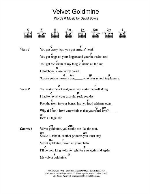 Preview David Bowie Velvet Goldmine Rock sheet music, notes and chords for Piano, Vocal & Guitar, SKU: 108604 sheet music, piano notes, chords, guitar tabs, score, transpose, transcribe, how to play, guide, download, learn, tutorial, progression, song, artist, awards, billboard, mtv, vh1, tour, single, album, release