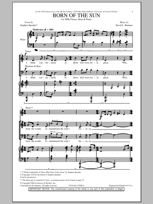 Preview David Brunner Born Of The Sun Concert sheet music, notes and chords for TBB, SKU: 69708 Download David Brunner Born Of The Sun sheet music and printable PDF score & Concert music notes