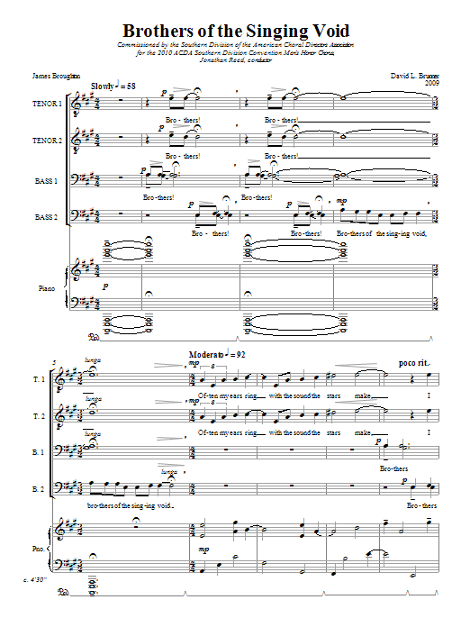 Preview David Brunner Brothers Of The Singing Void Festival sheet music, notes and chords for TTBB, SKU: 82534 Download David Brunner Brothers Of The Singing Void sheet music and printable PDF score & Festival music notes