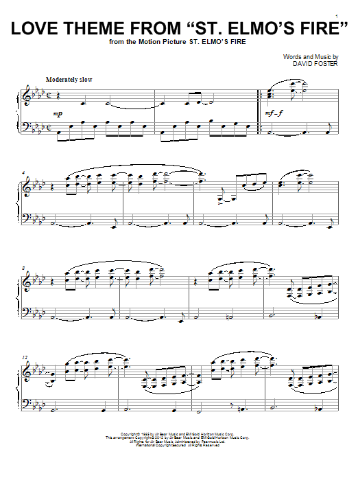 Preview David Foster Love Theme From St. Elmo's Fire Pop sheet music, notes and chords for Easy Piano, SKU: 21506 sheet music, piano notes, chords, guitar tabs, score, transpose, transcribe, how to play, guide, download, learn, tutorial, progression, song, artist, awards, billboard, mtv, vh1, tour, single, album, release