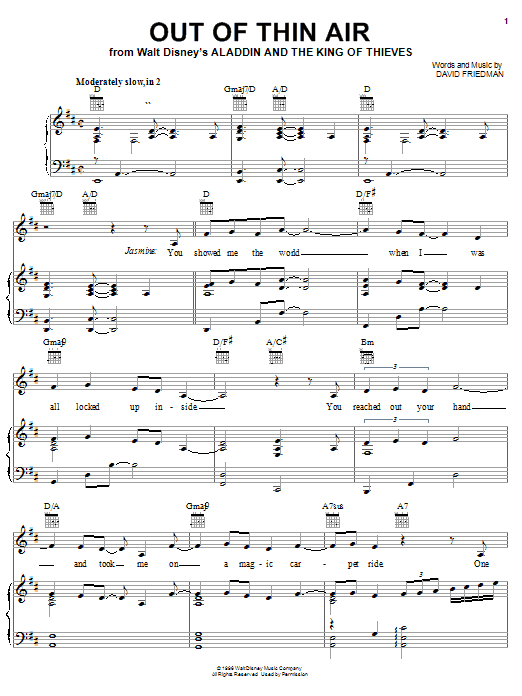 Preview David Friedman Out Of Thin Air (from Aladdin and the King of Thieves) Film and TV sheet music, notes and chords for Piano (Big Notes), SKU: 21470 sheet music, piano notes, chords, guitar tabs, score, transpose, transcribe, how to play, guide, download, learn, tutorial, progression, song, artist, awards, billboard, mtv, vh1, tour, single, album, release