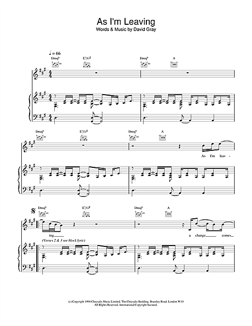 Preview David Gray As I'm Leaving Rock sheet music, notes and chords for Piano, Vocal & Guitar, SKU: 18456 sheet music, piano notes, chords, guitar tabs, score, transpose, transcribe, how to play, guide, download, learn, tutorial, progression, song, artist, awards, billboard, mtv, vh1, tour, single, album, release